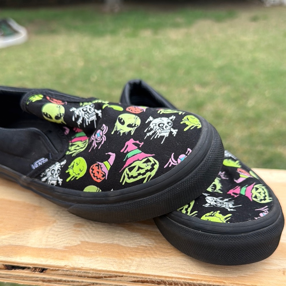 Vans Black Slip-On Shoes with Neon Graphics Halloween